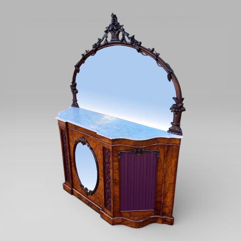 Antique Victorian Walnut & Marble Topped Carved Mirror Backed Sideboard Credenza - Image 3